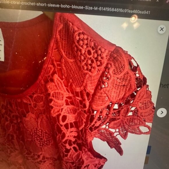 Simply Irresistible coral crochet short sleeve boho blouse - Picture 7 of 7